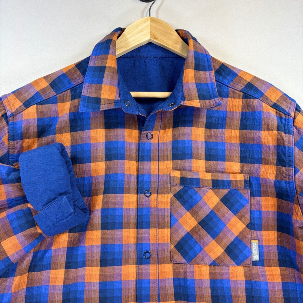Mountain Hardwear Reversible Flannel Shirt Mens L Orange Blue Plaid Snap Front